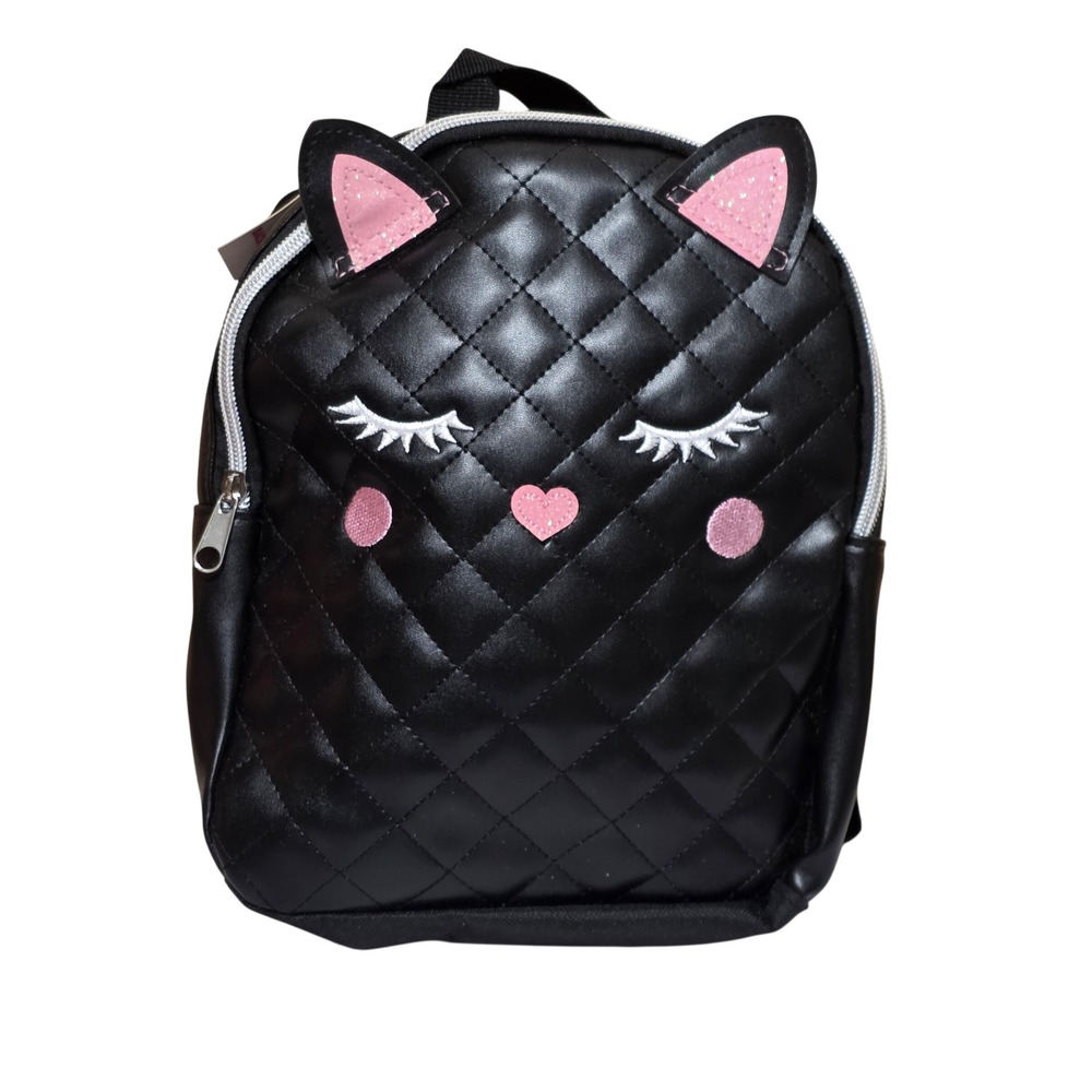 Black Quilted Cat Mini Backpack Pink Heart Nose 3D Ears NWT